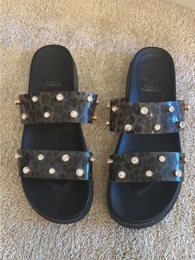 Vince Camuto Leopard Studded Double-Strap Slide Sandals - Black/Brown